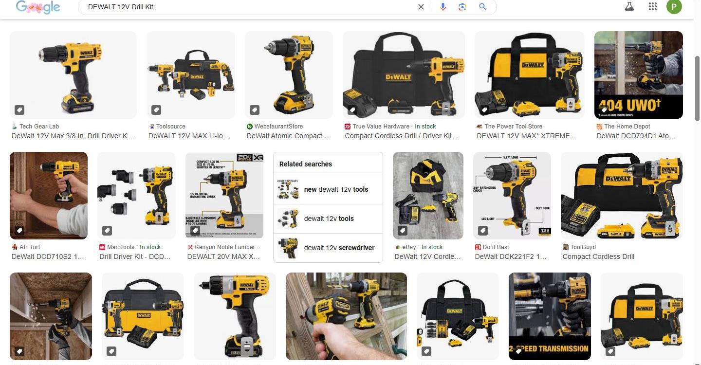 Google Search Results for DEWALT 12V Drill Kit