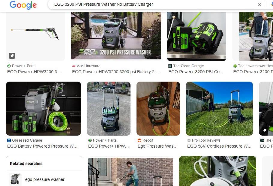 EGO 3200 PSI Pressure Washer Displayed in Search Results