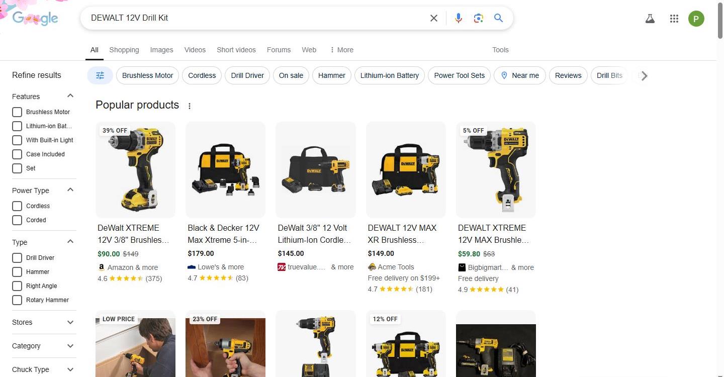 Google search results for a DEWALT 12V Drill Kit.