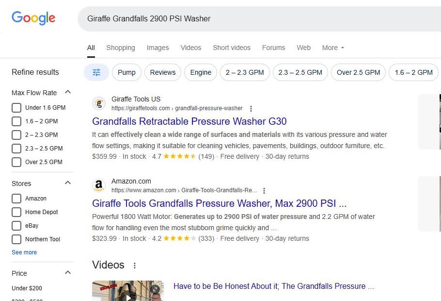 Google Search Results for Giraffe Grandfalls Pressure Washer