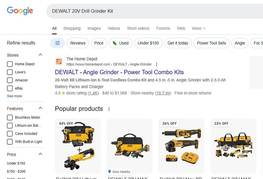 Google Search Results for DEWALT 20 Volt Drill Grinder Kit
