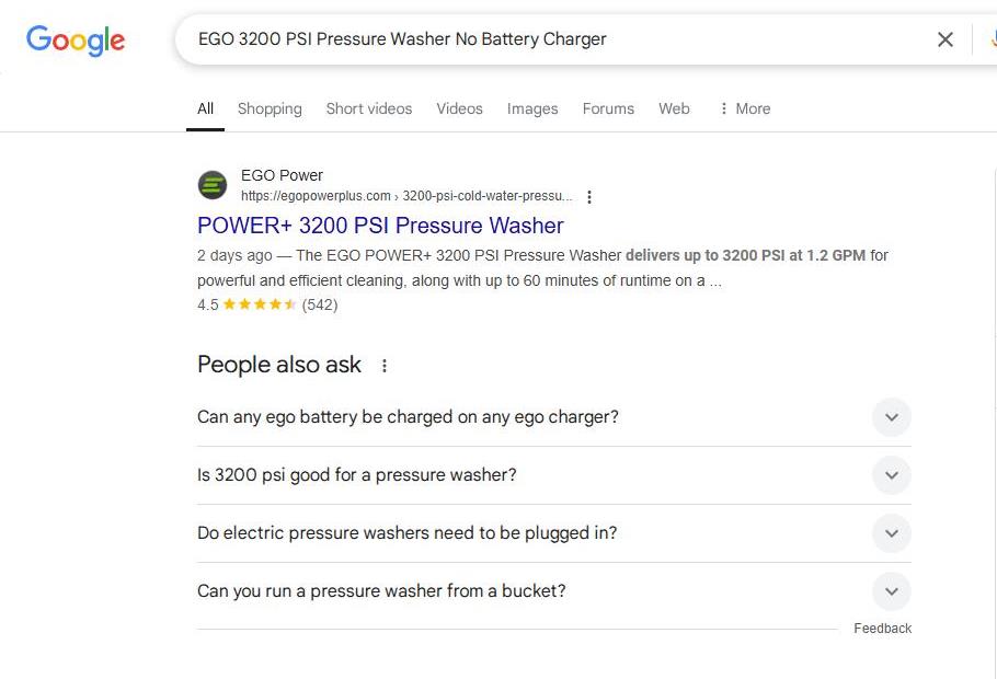 Google Search Results for EGO 3200 PSI Pressure Washer