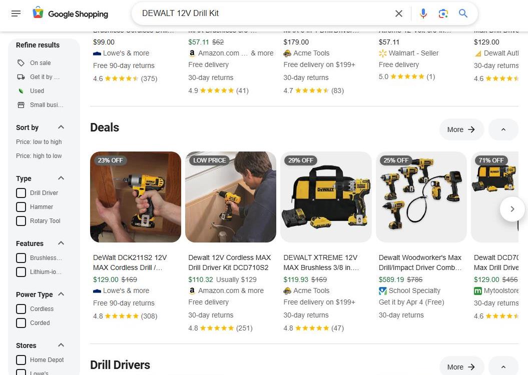 Google Shopping Results for DEWALT 12V Drill Kit