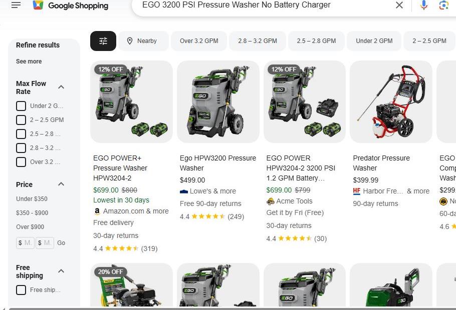 EGO 3200 PSI Pressure Washer Shopping Results