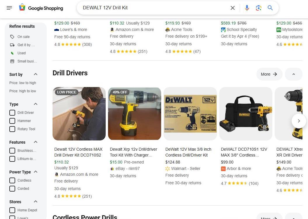 Google Shopping Results for DEWALT 12V Drill Kit