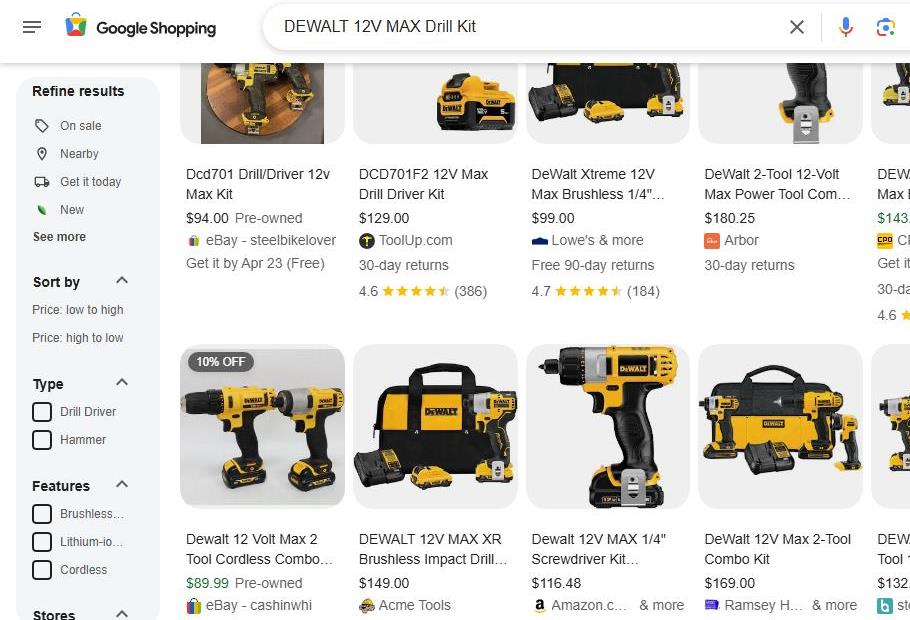 Google Shopping Results for DEWALT 12 Volt Max Drill Kits