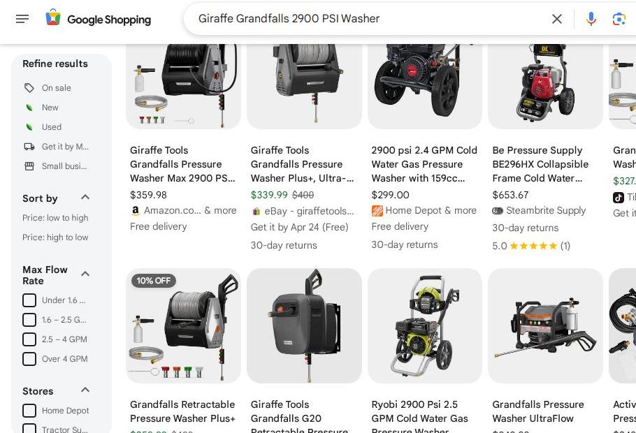 Google Shopping Results for Giraffe Grandfalls 2900 PSI Washer