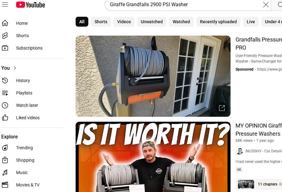 Giraffe Tools Grandfalls Pressure Washer Highlighted in YouTube Search